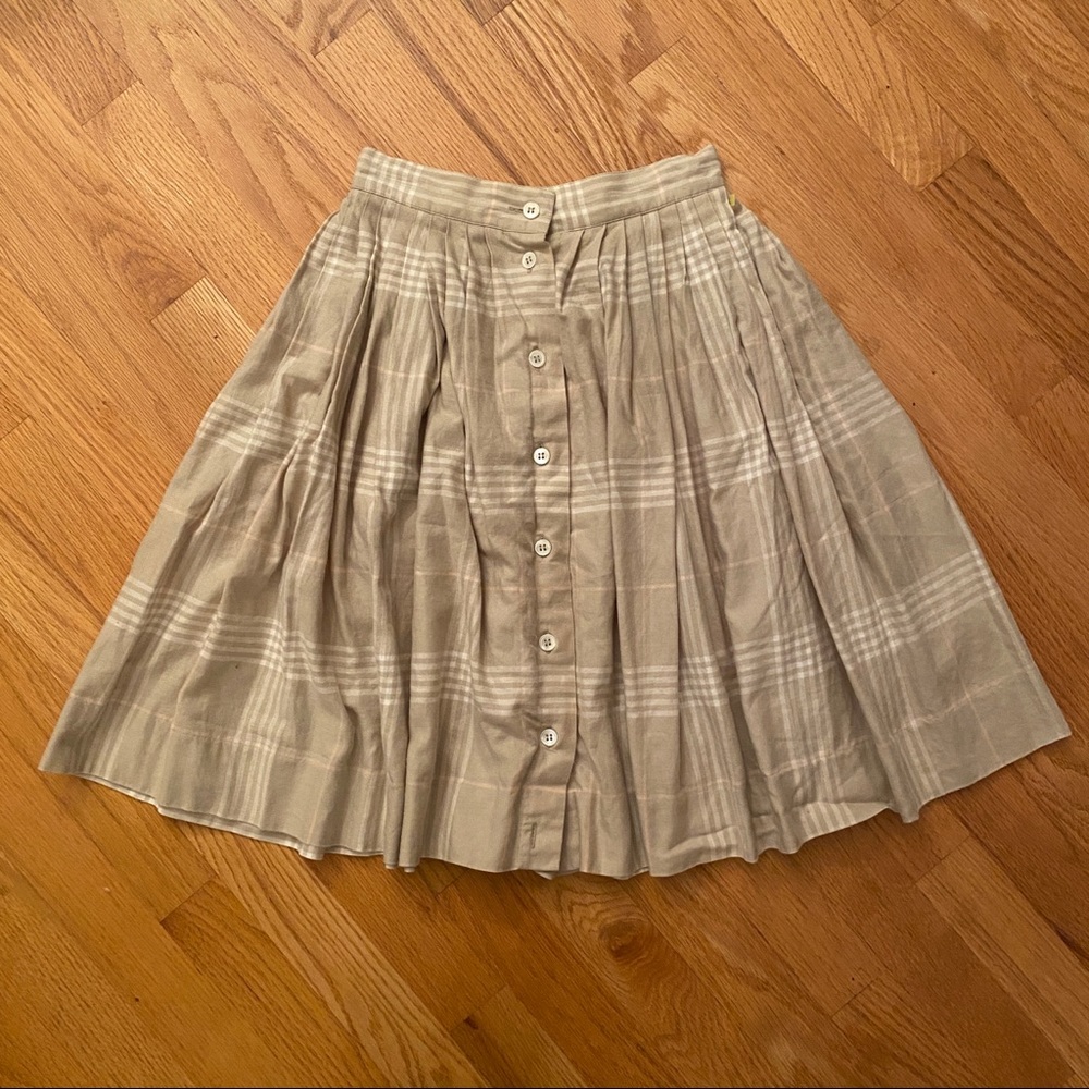 Pleated gathered plaid tan beige fit & flare full skirt